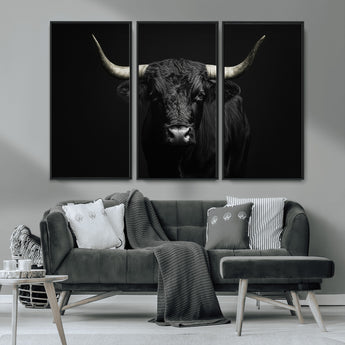 97914921-MGV-CV-36X24-Black Bull Wall Art Canvas Print, Framed Longhorn Bull Art Picture Print, Western Bull Perfect Monochrome Western Decor Artwork