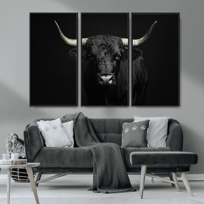 97914921-MGV-CV-36X24-Black Bull Wall Art Canvas Print, Framed Longhorn Bull Art Picture Print, Western Bull Perfect Monochrome Western Decor Artwork