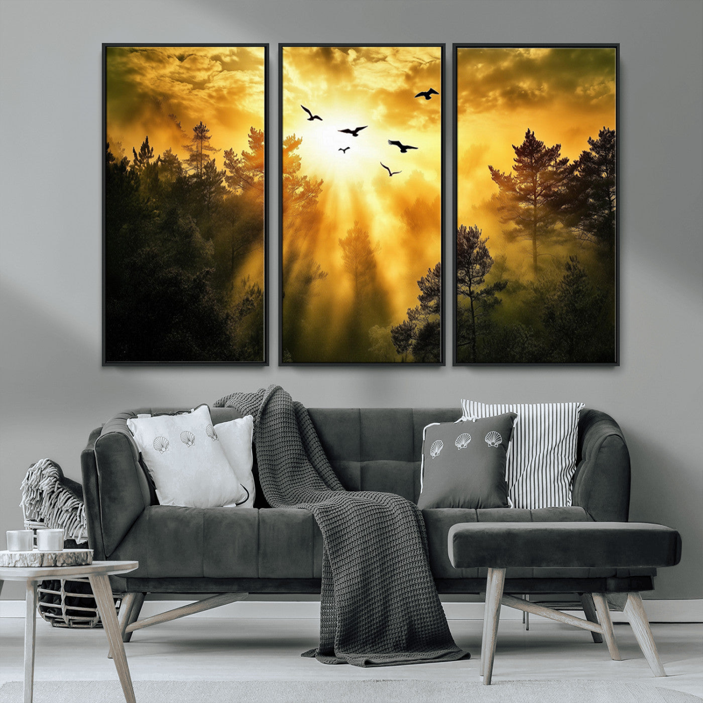 13776802-MGV-CV-36X24-Golden Forest Wall Art Canvas Print, Framed Sunset Pines Art Picture Print, Flying Birds Perfect Nature Glow Decor Artwork