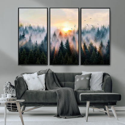 56391411-MGV-CV-36X24-Misty Forest Wall Art Canvas Print, Framed Sunrise Pines Art Picture Print, Moody Pines Perfect Serene Woodland Decor Artwork