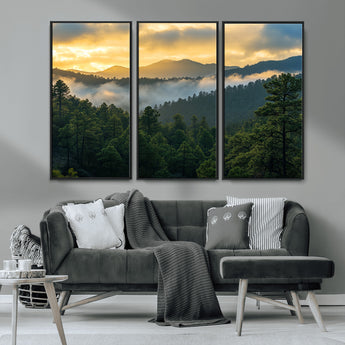 68082278-MGV-CV-36X24-Mountain Sunrise Wall Art Canvas Print, Framed Pine Forest Art Picture Print, Misty Mountains Perfect Earthy Woodland Decor