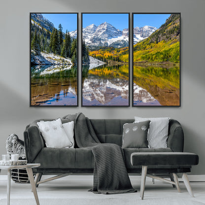 87724099-MGV-CV-36X24-Maroon Bells Wall Art Canvas Print, Framed Snowy Mountains Art Picture Print, Pine Forest Perfect Vibrant Alpine Decor Artwork