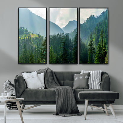 83417191-MGV-CV-36X24-Misty Mountain Forest Wall Art – Pine Tree Landscape Canvas Print, Nature Photography Panorama, Tranquil Green Forest Décor for