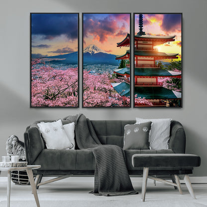 32331262-MGV-CV-36X24-Mount Fuji Japan Wall Art – Cherry Blossom Landscape Canvas Print, Chureito Pagoda Sunset Photography, Japanese Nature Travel