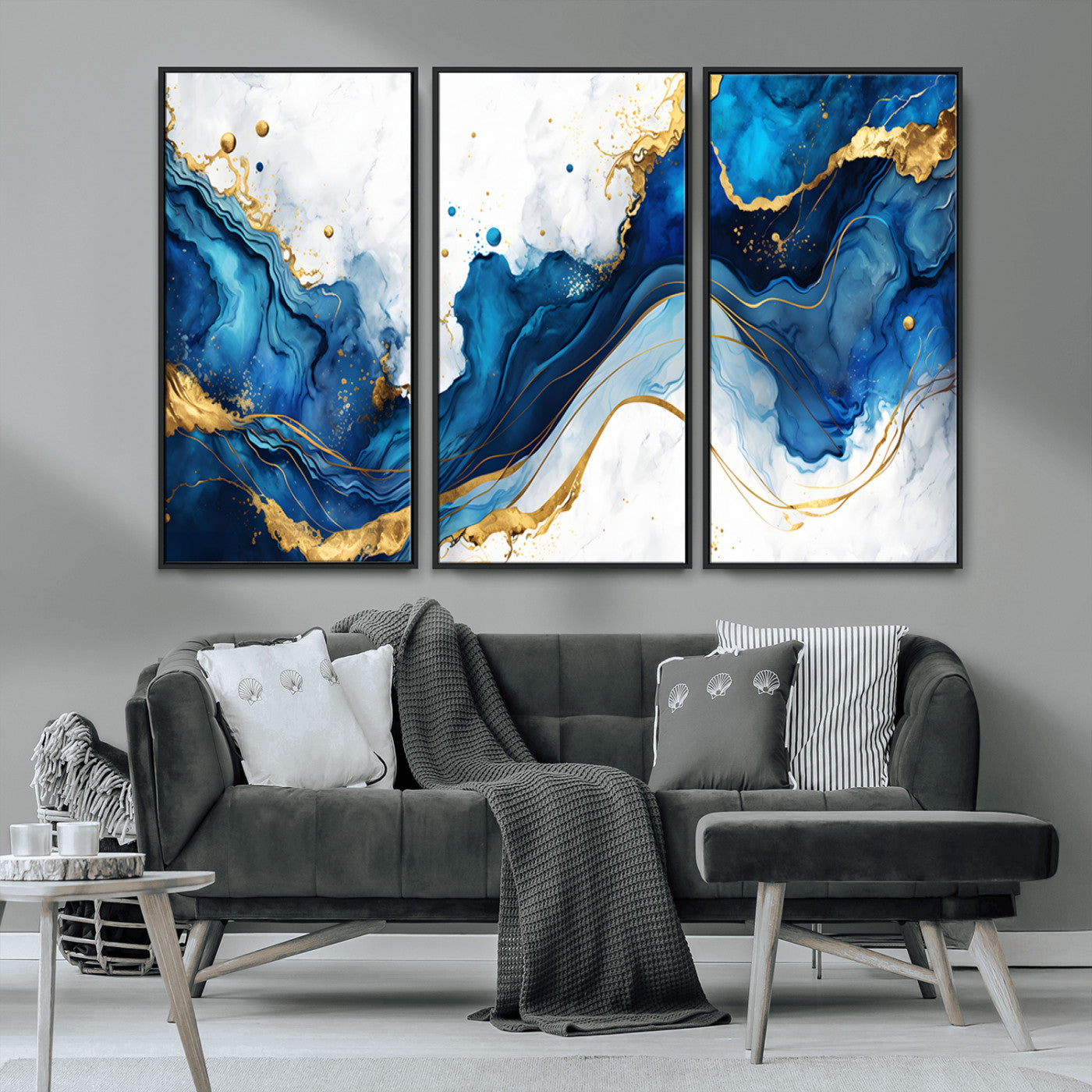 33506371-MGV-FC-48X32-3P_Black-Blue Marble Wall Art Canvas Print, Framed Gold Splash Art Picture Print, Abstract Wave Perfect Modern Luxe Decor Artwork