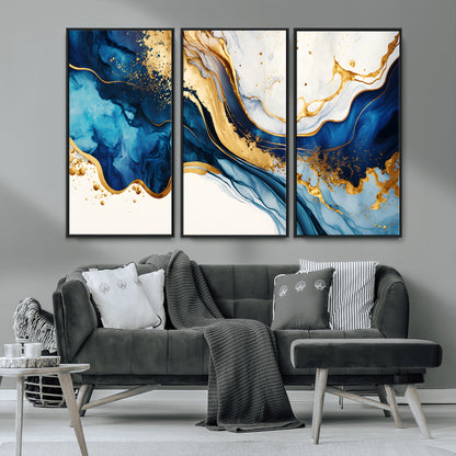60283636-MGV-CV-36X24-Blue Gold Flow Wall Art Canvas Print, Framed Marble Texture Art Picture Print, Elegant Splash Perfect Elegant Abstract Decor