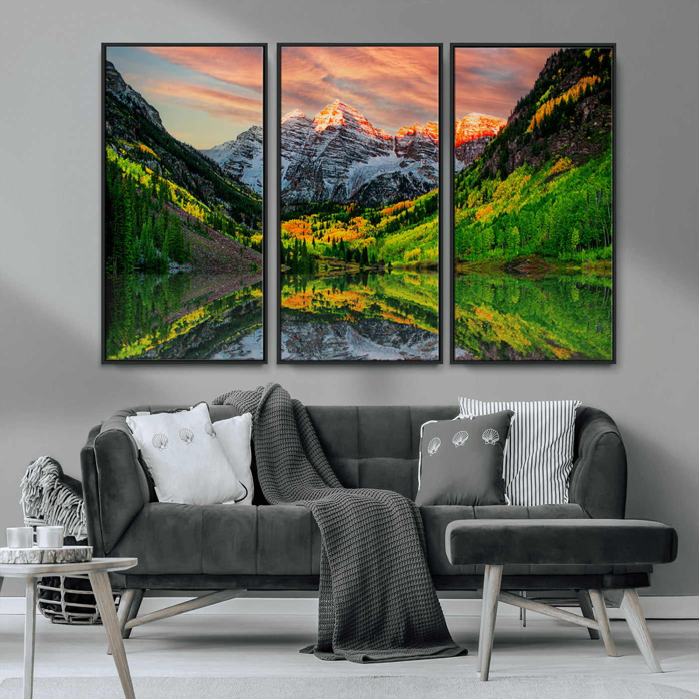 59533484-MGV-CV-36X24-Maroon Bells Autumn Wall Art – Panoramic Mountain Landscape Canvas Print, Sunset Reflection Nature Artwork for Living Room, Office