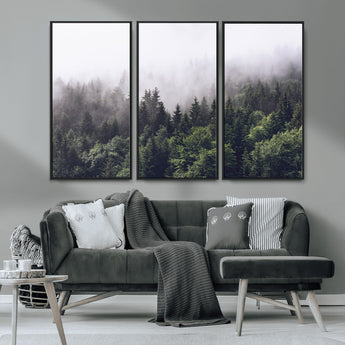 62890402-MGV-CV-36X24-Misty Forest Wall Art Canvas Print, Framed Foggy Pines Art Picture Print, Pine Valley Perfect Moody Woodland Decor Artwork