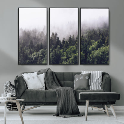 62890402-MGV-CV-36X24-Misty Forest Wall Art Canvas Print, Framed Foggy Pines Art Picture Print, Pine Valley Perfect Moody Woodland Decor Artwork