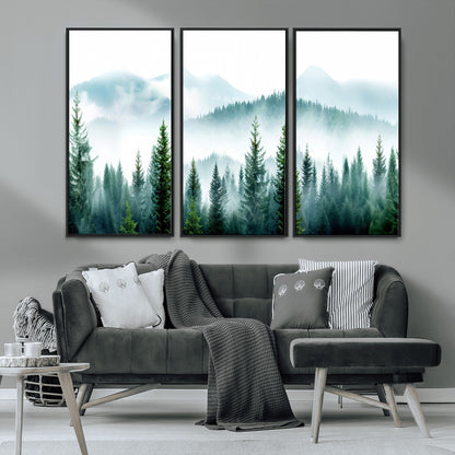 16716676-MGV-CV-36X24-Pine Forest Wall Art Canvas Print, Framed Misty Mountains Art Picture Print, Foggy Trees Perfect Moody Forest Decor Artwork