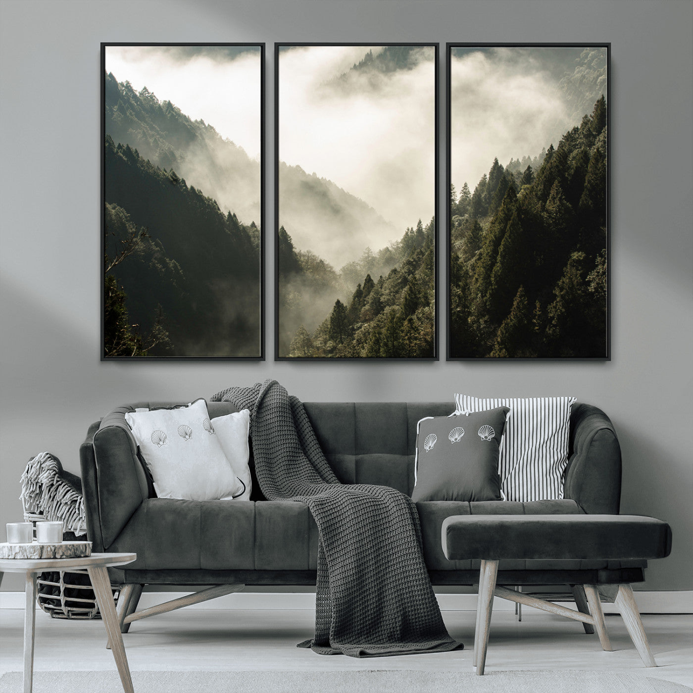 57570237-MGV-FC-48X32-3P_Black-Misty Valley Wall Art Canvas Print, Framed Foggy Forest Art Picture Print, Pine Trees Perfect Moody Woodland Decor Artwork