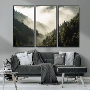 57570237-MGV-FC-48X32-3P_Black-Misty Valley Wall Art Canvas Print, Framed Foggy Forest Art Picture Print, Pine Trees Perfect Moody Woodland Decor Artwork