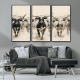 61538944-MGV-CV-36X24-Texas Longhorn Wall Art Canvas Print, Framed Cattles Walking Art Picture Print, Black White Bulls Perfect Rustic Western Decor