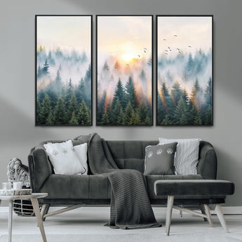 92718976-MGV-CV-36X24-Misty Forest Wall Art Canvas Print, Framed Sunrise Pines Art Picture Print, Foggy Woodland Perfect Moody Woodland Decor Artwork