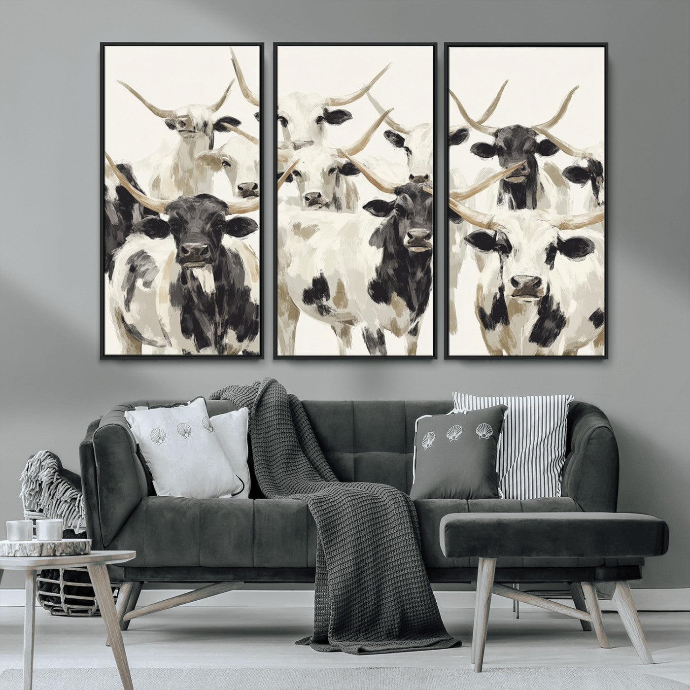 52947970-MGV-CV-36X24-Texas Longhorn Wall Art Canvas Print, Framed Cattle Herd Art Picture Print, Herd Portrait Perfect Modern Farmhouse Decor Artwork