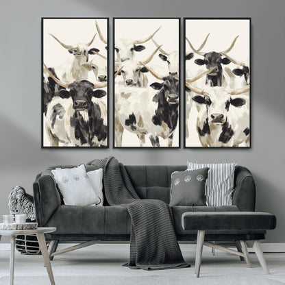 52947970-MGV-CV-36X24-Texas Longhorn Wall Art Canvas Print, Framed Cattle Herd Art Picture Print, Herd Portrait Perfect Modern Farmhouse Decor Artwork