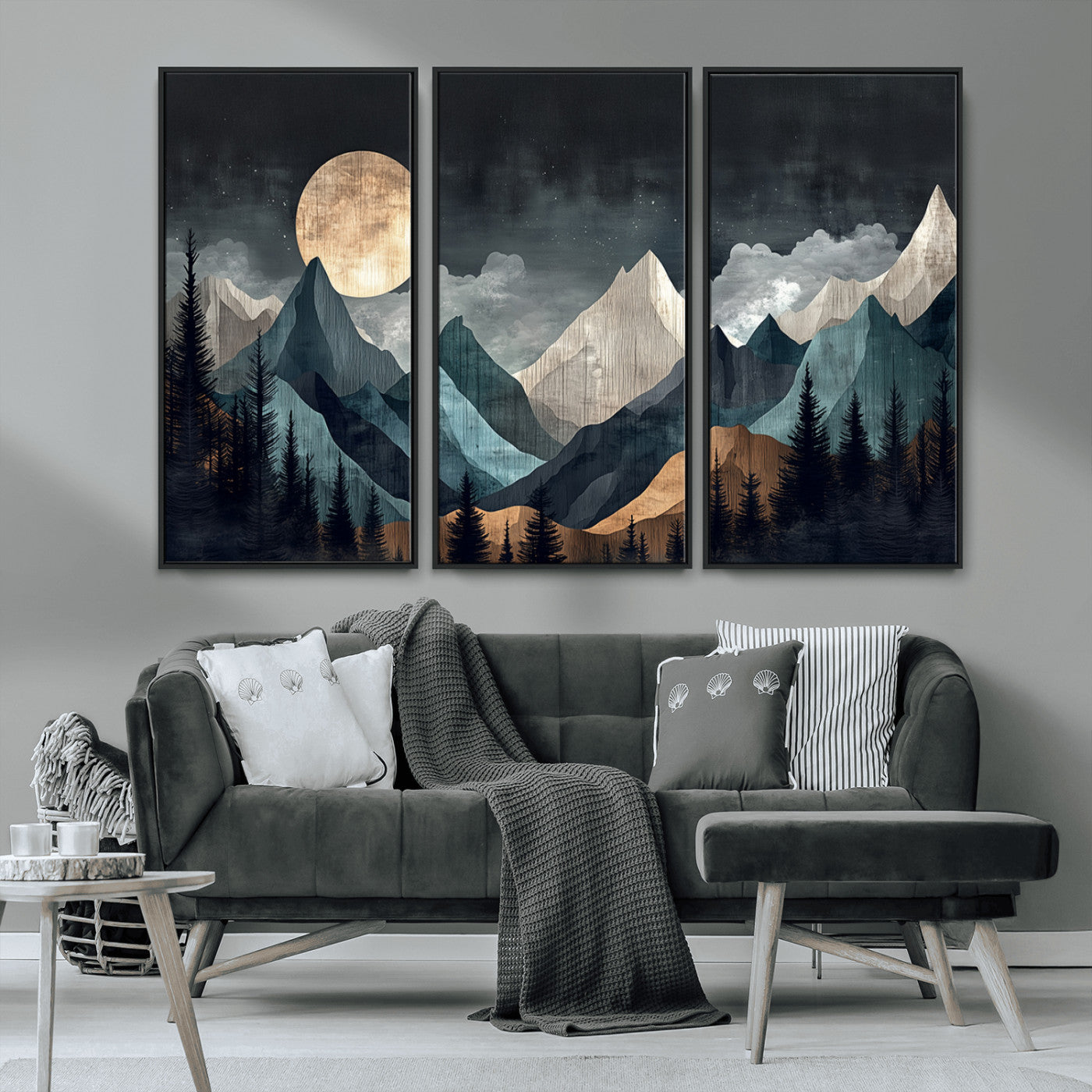 11060882-MGV-CV-36X24-Moonlit Mountains Wall Art Canvas Print, Framed Forest Silhouette Art Picture Print, Night Landscape Perfect Modern Forest Decor