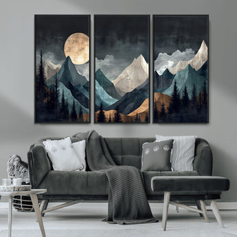 11060882-MGV-CV-36X24-Moonlit Mountains Wall Art Canvas Print, Framed Forest Silhouette Art Picture Print, Night Landscape Perfect Modern Forest Decor