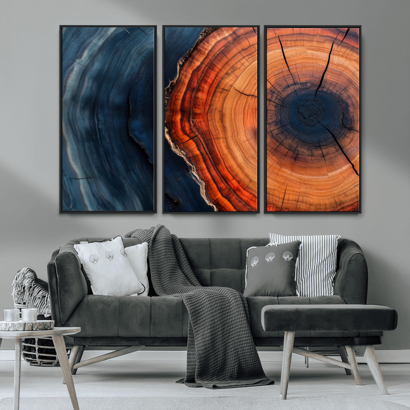 57732250-MGV-CV-36X24-Tree Ring Abstract Wall Art – Blue Orange Wood Grain Canvas Print, Modern Rustic Nature Artwork for Living Room, Office,