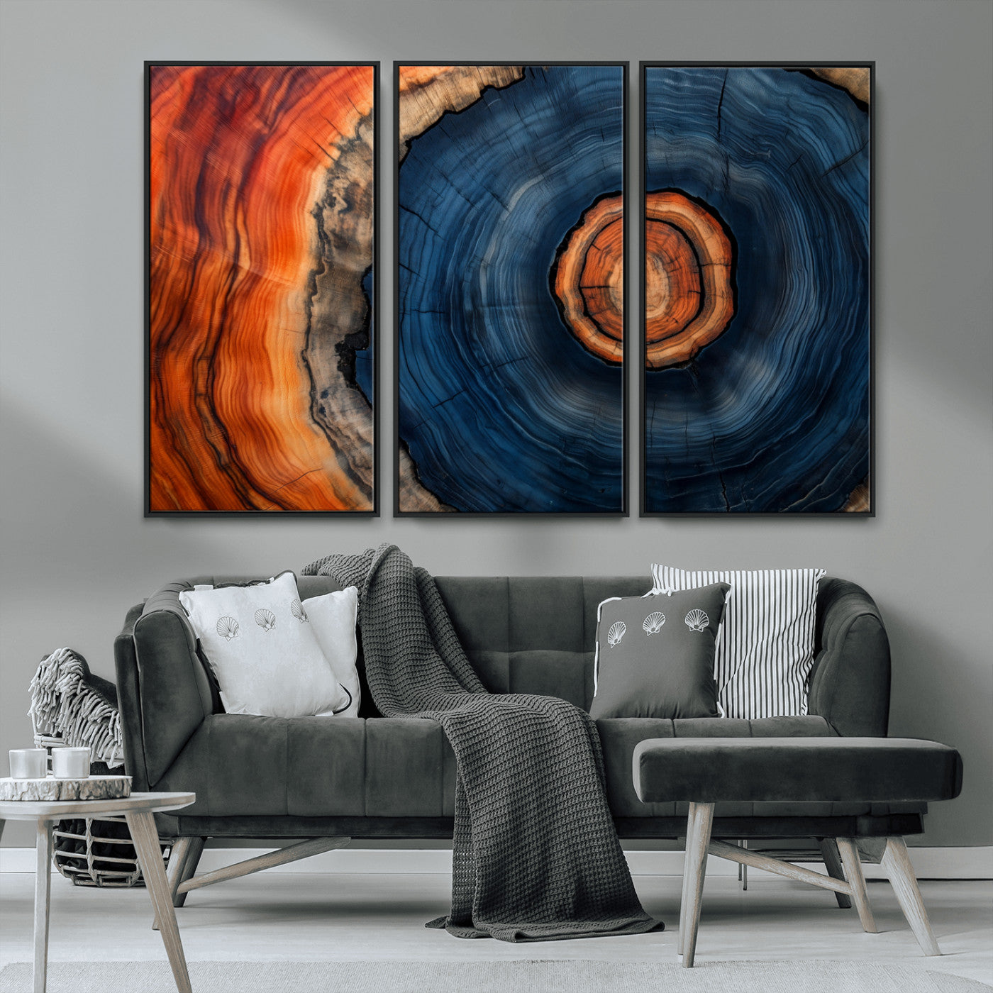 72209152-MGV-CV-36X24-Abstract Tree Ring Wall Art – Vibrant Blue Orange Wood Grain Canvas Print, Rustic Modern Nature Artwork for Living Room, Office,