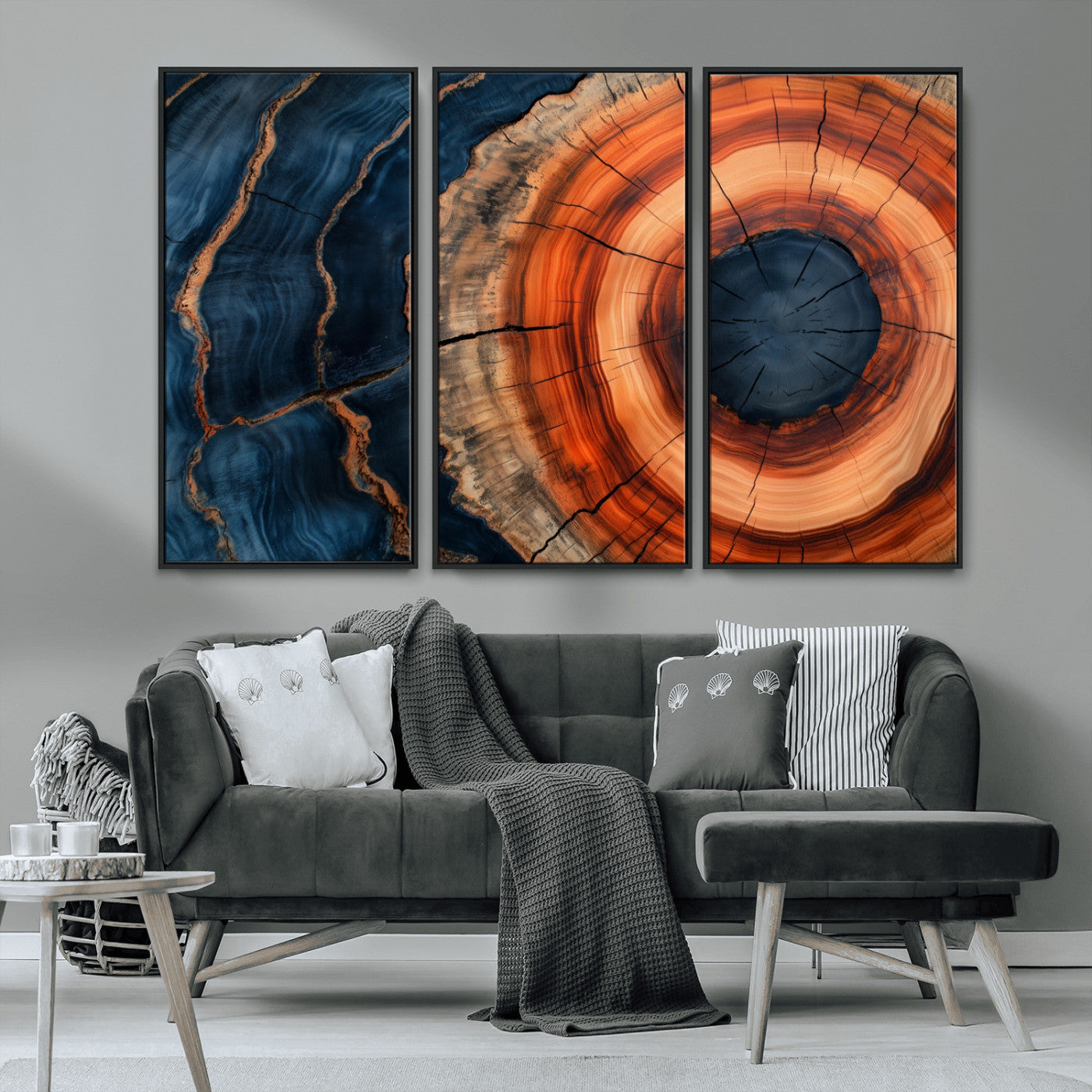 41123192-MGV-FC-48X32-3P_Black-Tree Ring Canvas Wall Art – Abstract Blue Orange Wood Grain Print, Rustic Modern Nature Artwork for Living Room, Bedroom, Office
