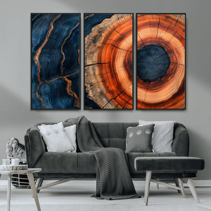 41123192-MGV-FC-48X32-3P_Black-Tree Ring Canvas Wall Art – Abstract Blue Orange Wood Grain Print, Rustic Modern Nature Artwork for Living Room, Bedroom, Office