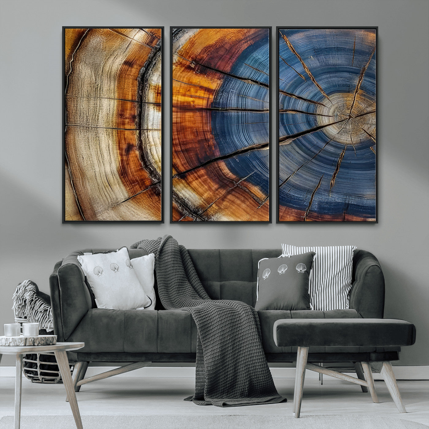 18032999-MGV-CV-36X24-Tree Ring Wall Art – Blue Brown Abstract Wood Slice Canvas Print, Rustic Modern Nature Decor for Living Room, Office, Bedroom or