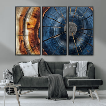 45268471-MGV-CV-36X24-Blue Tree Ring Wall Art – Rustic Wood Cross Section Canvas Print, Modern Abstract Nature Decor for Living Room, Office, or Cabin