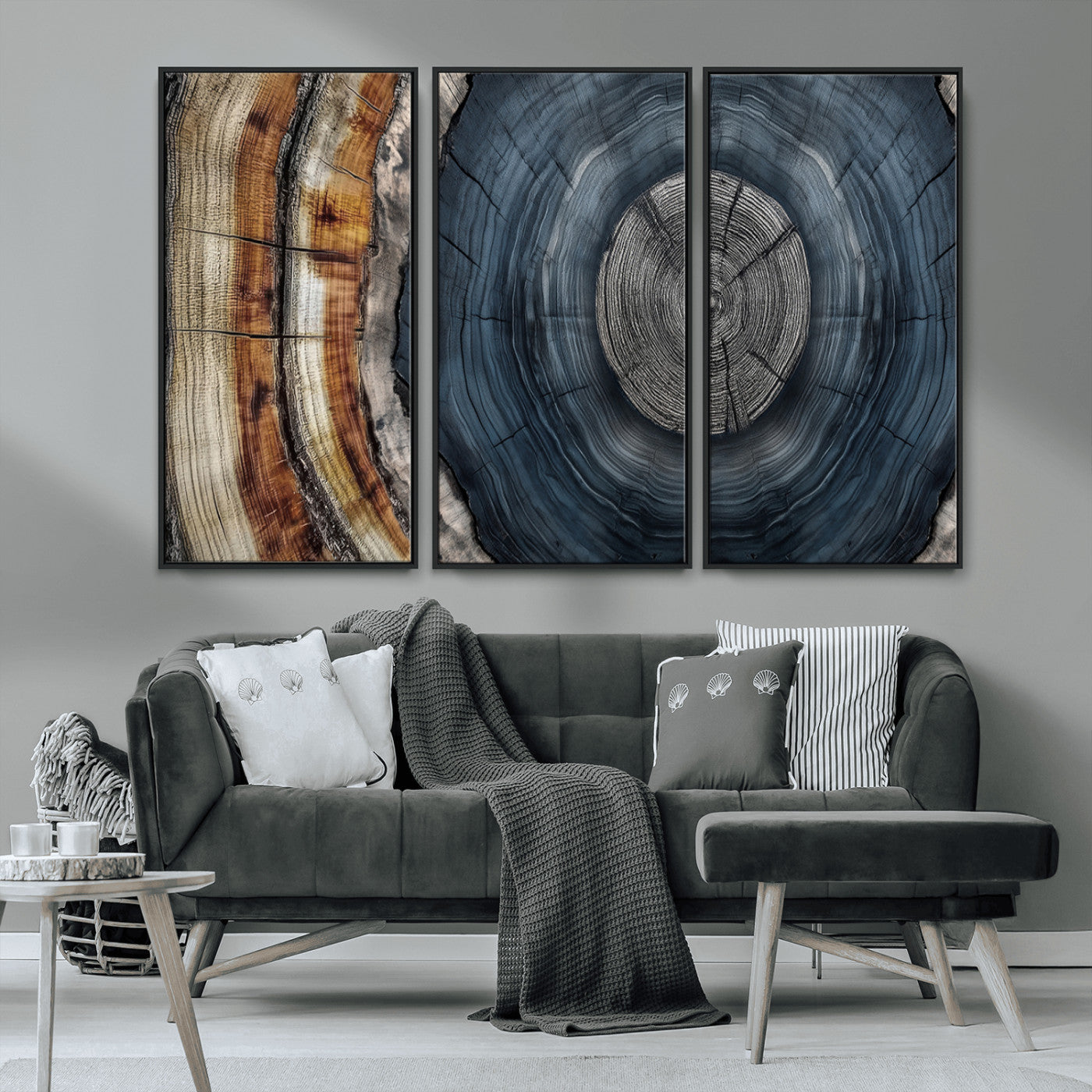91368647-MGV-CV-36X24-Smoky Blue Tree Ring Wall Art – Rustic Wood Cross Section Canvas Print, Modern Nature Inspired Decor for Living Room, Office, or
