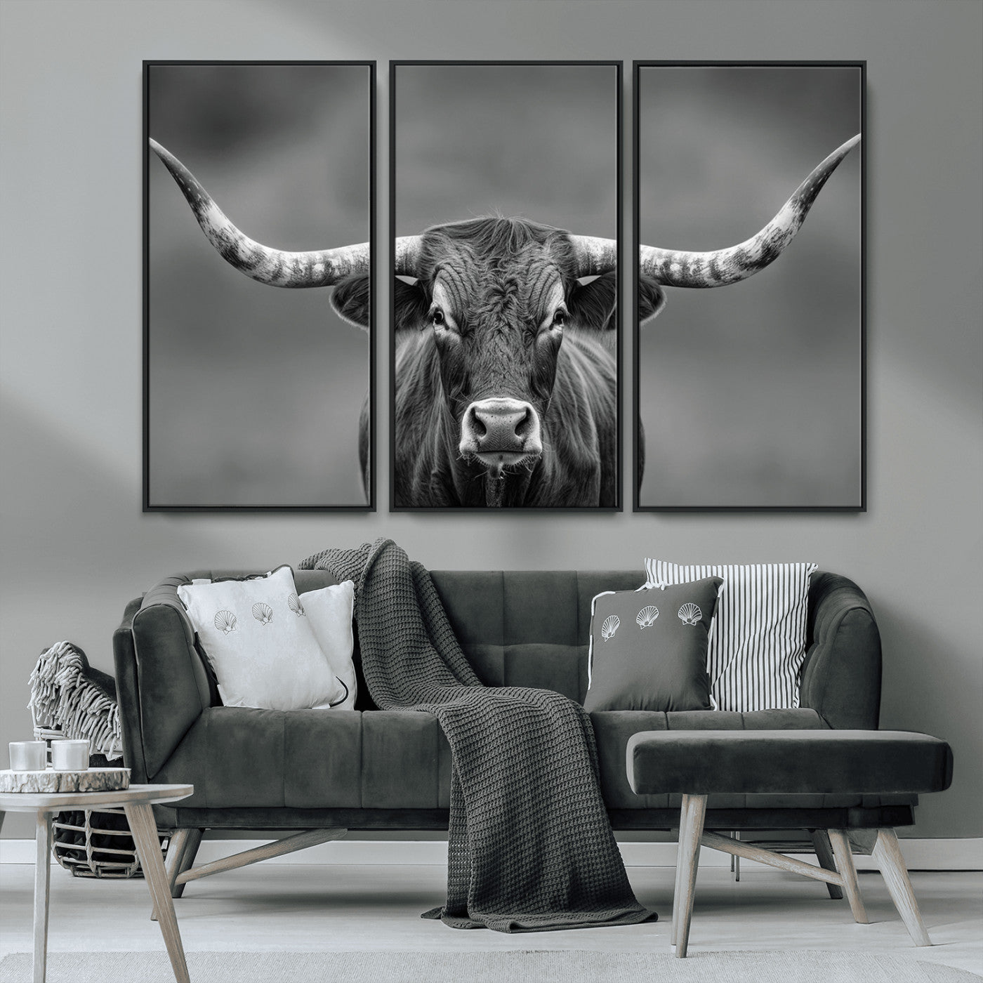 81228550-MGV-CV-36X24-Framed Texas Longhorn Bull Art Canvas Print, Western Bull Wall Art Print, Long Horn Bull Photo Print for Log Cabin, Large Bull