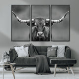 81228550-MGV-CV-36X24-Framed Texas Longhorn Bull Art Canvas Print, Western Bull Wall Art Print, Long Horn Bull Photo Print for Log Cabin, Large Bull