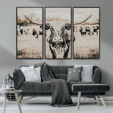 27497342-MGV-CV-36X24-Texas Longhorn Wall Art Canvas Print, Framed Speckled Cow Art Picture Print, Horned Cattle Perfect Rustic Western Decor Artwork