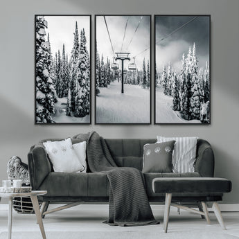 31156828-MGV-CV-36X24-Snowy Pines Wall Art Canvas Print, Framed Ski Lift Art Picture Print, Winter Forest Perfect Moody Lodge Decor Artwork