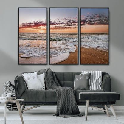 39846389-MGV-FC-48X32-3P_Black-Ocean Sunset Wall Art Canvas Print, Framed Sandy Shore Art Picture Print, Gentle Waves Perfect Minimalist Coastal Decor Artwork