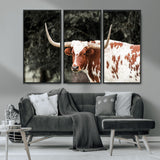 54027638-MGV-CV-36X24-Texas Longhorn Wall Art Canvas Print, Framed Spotted Cow Art Picture Print, Horned Bull Perfect Rustic Western Decor Artwork