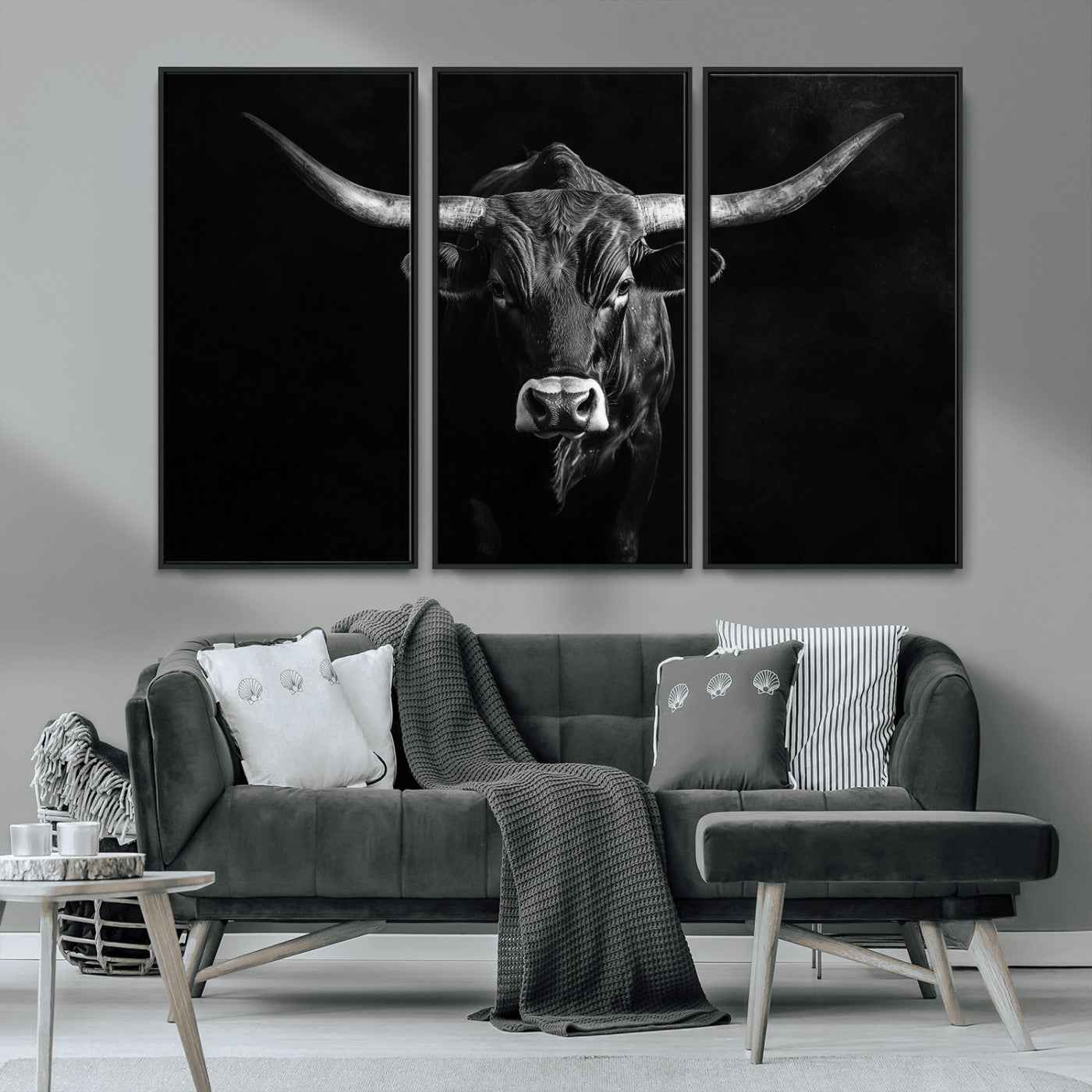 42077175-MGV-CV-36X24-Texas Longhorn Wall Art Canvas Print, Framed Monochrome Bull Art Picture Print, Horned Bull Perfect Rustic Western Decor Artwork