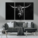 42077175-MGV-CV-36X24-Texas Longhorn Wall Art Canvas Print, Framed Monochrome Bull Art Picture Print, Horned Bull Perfect Rustic Western Decor Artwork