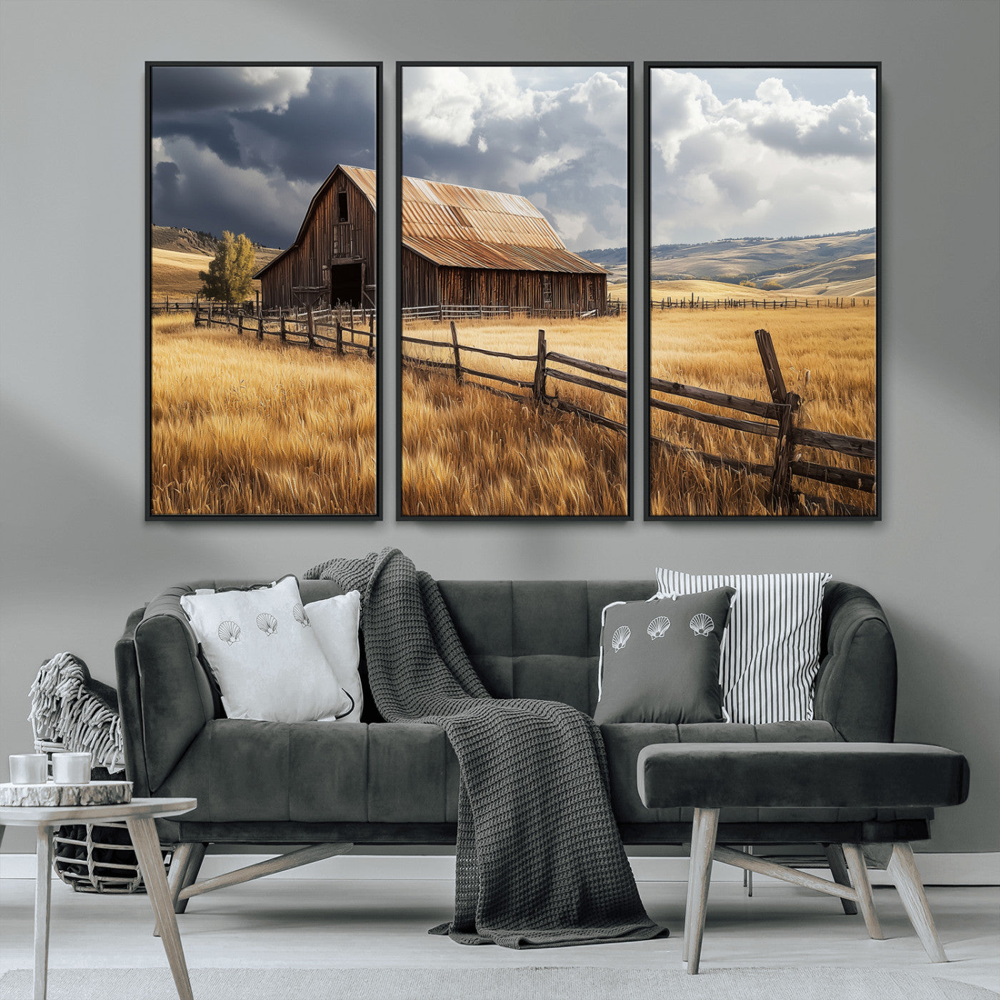 38758826-MGV-CV-36X24-Rustic Barn Wall Art Canvas Print, Framed Moody Barn Art Picture Print, Golden Field Perfect Rustic Farmhouse Decor Artwork