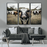 79025945-MGV-CV-36X24-Texas Longhorn Wall Art Canvas Print, Framed Speckled Cow Art Picture Print, Horned Cattle Perfect Rustic Western Decor Artwork