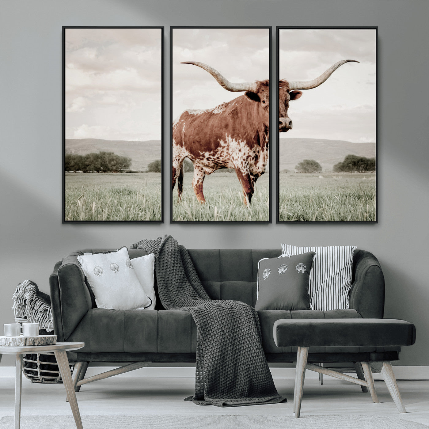 28309012-MGV-CV-36X24-Texas Longhorn Wall Art Canvas Print, Framed Spotted Cattle Art Picture Print, Horned Bull Perfect Rustic Western Decor Artwork
