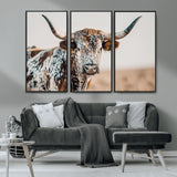 70414966-MGV-CV-36X24-Texas Longhorn Wall Art Canvas Print, Framed Speckled Cow Art Picture Print, Horned Bull Perfect Rustic Western Decor Artwork