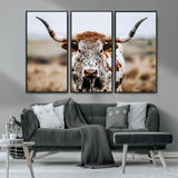 76294381-MGV-CV-36X24-Texas Longhorn Wall Art Canvas Print, Framed Spotted Cow Art Picture Print, Horned Cattle Perfect Rustic Western Decor Artwork