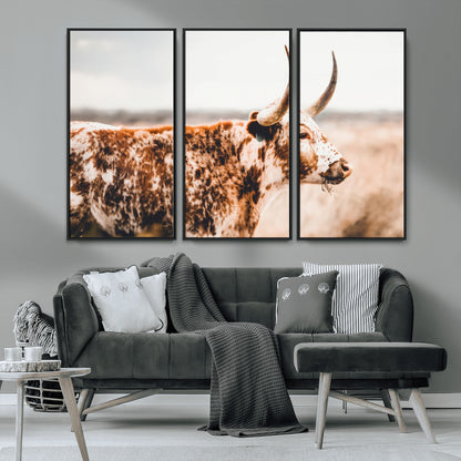 11528295-MGV-CV-36X24-Speckled Longhorn Wall Art Canvas Print, Framed Texas Cattle Art Picture Print, Horned Cow Perfect Rustic Western Decor Artwork