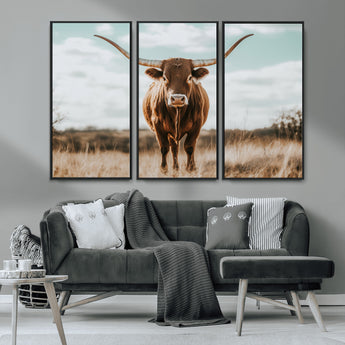 39350715-MGV-CV-36X24-Texas Longhorn Wall Art Canvas Print, Framed Longhorn Cow Art Picture Print, Western Cattle Perfect Rustic Western Decor Artwork