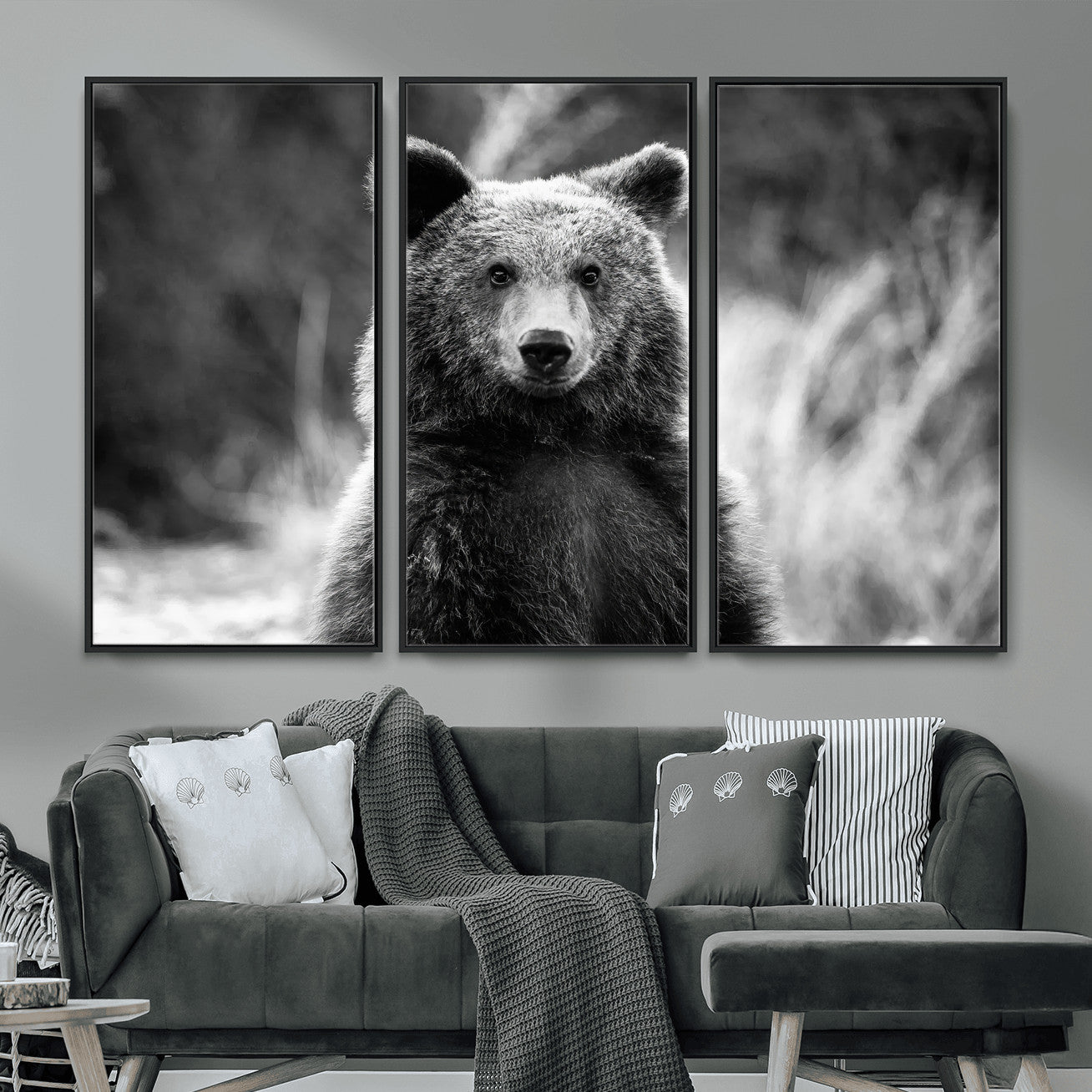 MGV-FC-48X32-3P - Grizzly Bear Wall Art Canvas Print, Framed Black White Bear Art Picture Print, Wild Bear Perfect Rustic Wildlife Decor Artwork