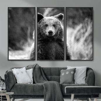 MGV-FC-48X32-3P - Grizzly Bear Wall Art Canvas Print, Framed Black White Bear Art Picture Print, Wild Bear Perfect Rustic Wildlife Decor Artwork