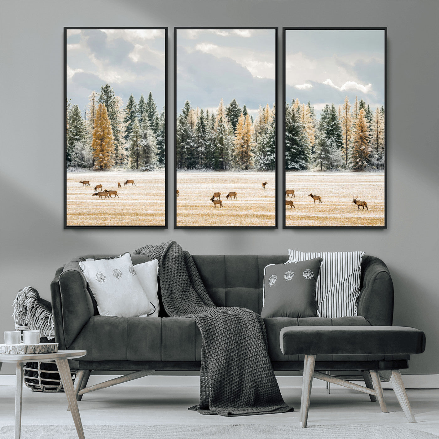 64188182-MGV-CV-36X24-Elk Herd Wall Art Canvas Print, Framed Snowy Forest Art Picture Print, Forest Elks Perfect Neutral Rustic Decor Artwork