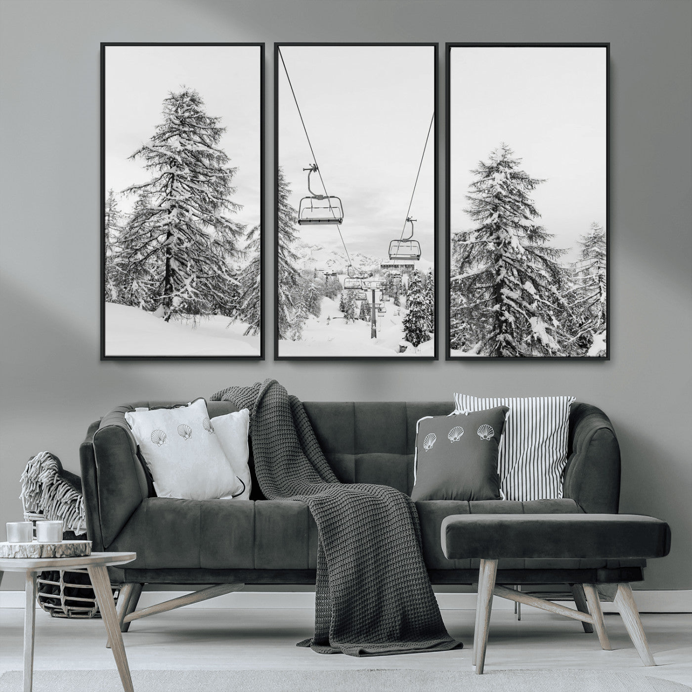 55003599-MGV-CV-36X24-Snowy Ski Lift Wall Art Canvas Print, Framed Winter Forest Art Picture Print, Ski lift Ride Perfect Winter Lodge Decor Artwork