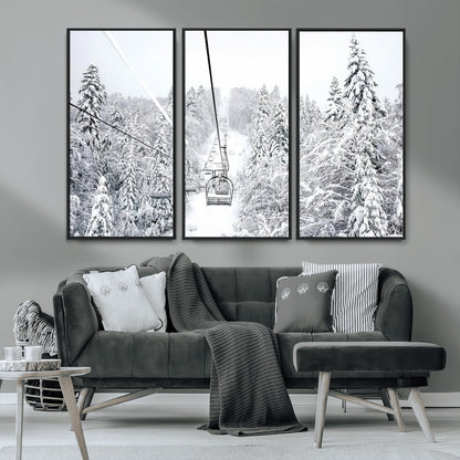 60296839-MGV-CV-36X24-Snowy Mountains Wall Art Canvas Print, Framed Ski Lift Art Picture Print, Winter Forest Perfect Winter Minimalist Decor Artwork
