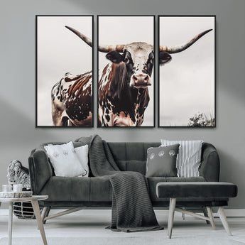 95249234-MGV-CV-36X24-Texas Longhorn Wall Art Canvas Print, Framed Spotted Bull Art Picture Print, Horned Cattle Perfect Rustic Farmhouse Decor Artwork